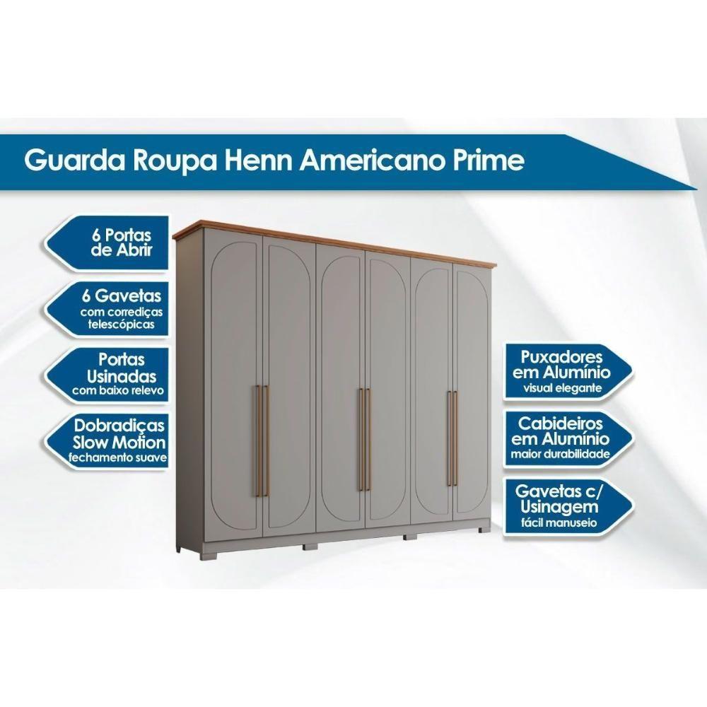 Guarda Roupa Casal 6 Portas E 6 Gavetas C/ Pés Americano Prime Cinza/nature - Henn - 2