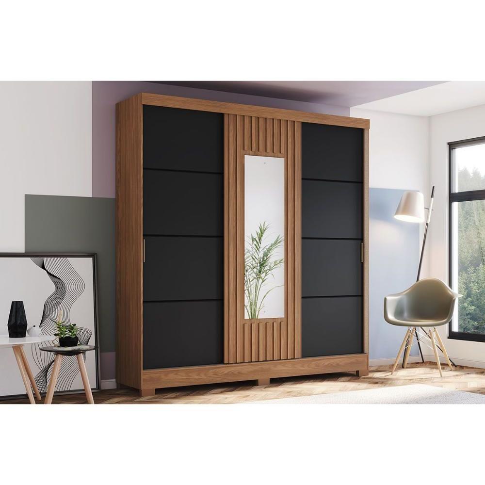 Guarda Roupa Solteiro 3 Portas De Correr (1 C/ Espelho) E 2 Gavetas C/ Pés Briz B376 Nature/preto - Henn - 1