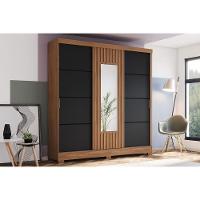 Guarda Roupa Solteiro 3 Portas De Correr (1 C/ Espelho) E 2 Gavetas C/ Pés Briz B376 Nature/preto - Henn - 1