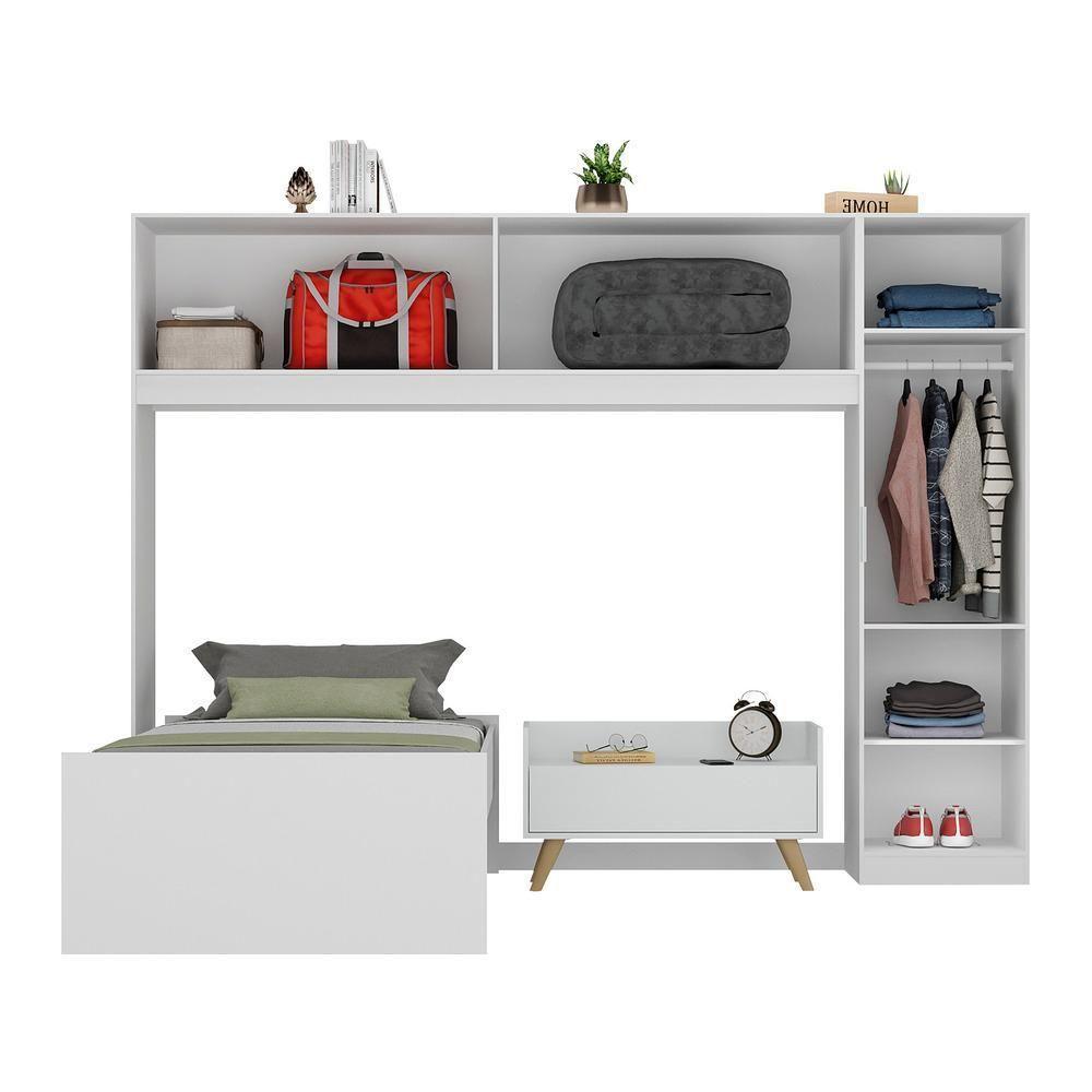 Cama De Solteiro Com Guarda Roupa E Mesa De Cabeceira Retrô Dublin Multimóveis Mp4033 Branca/Natural - 4