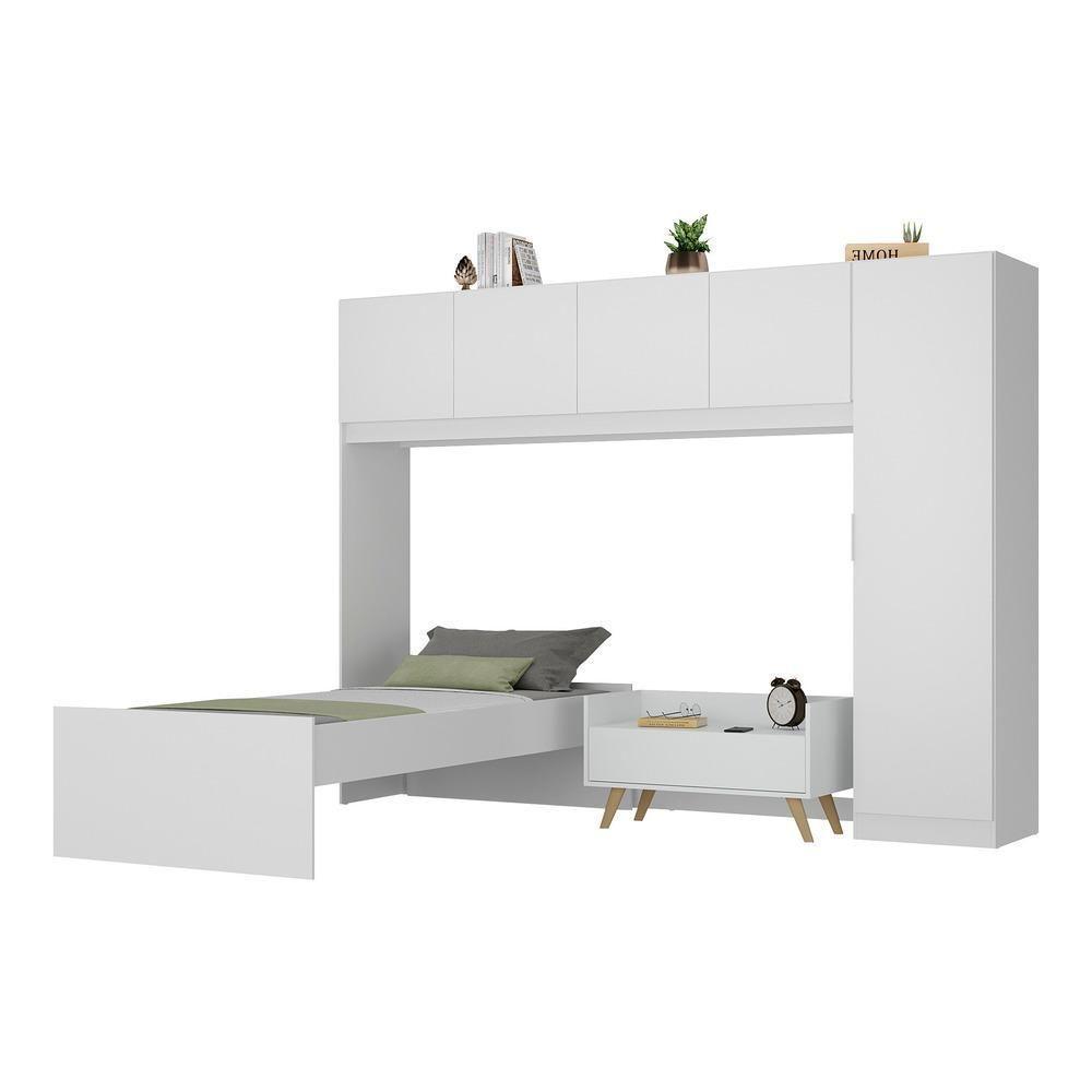 Cama De Solteiro Com Guarda Roupa E Mesa De Cabeceira Retrô Dublin Multimóveis Mp4033 Branca/Natural - 6