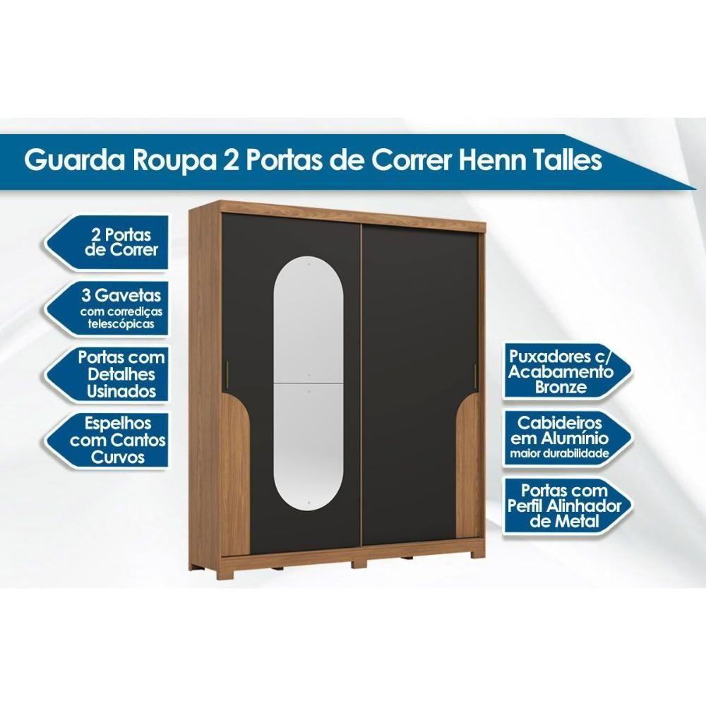 Guarda Roupa Solteiro 2 Portas De Correr (1 C/ Espelho) E 3 Gavetas C/ Pés Talles Nature/off White - Henn - 2