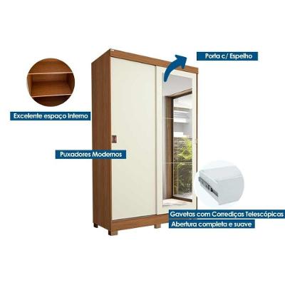 Guarda Roupa Solteiro CB01R588 2 Portas de Correr 2 Gavetas Canela-Off White