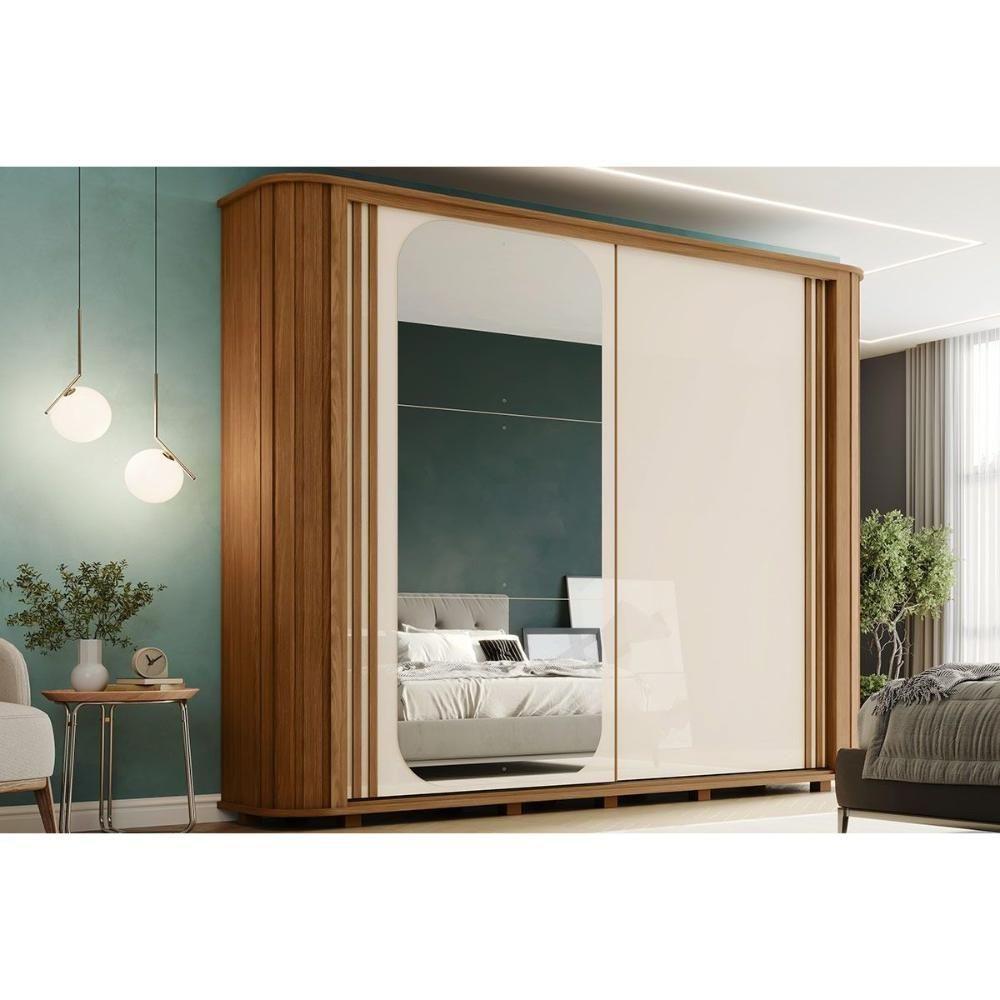 Guarda Roupas 2 Portas De Correr (1 C/ Espelho) 2 6 Gavetas C/ Pés Mozzate Flex Nature/off White Ou Preto - Henn - 1