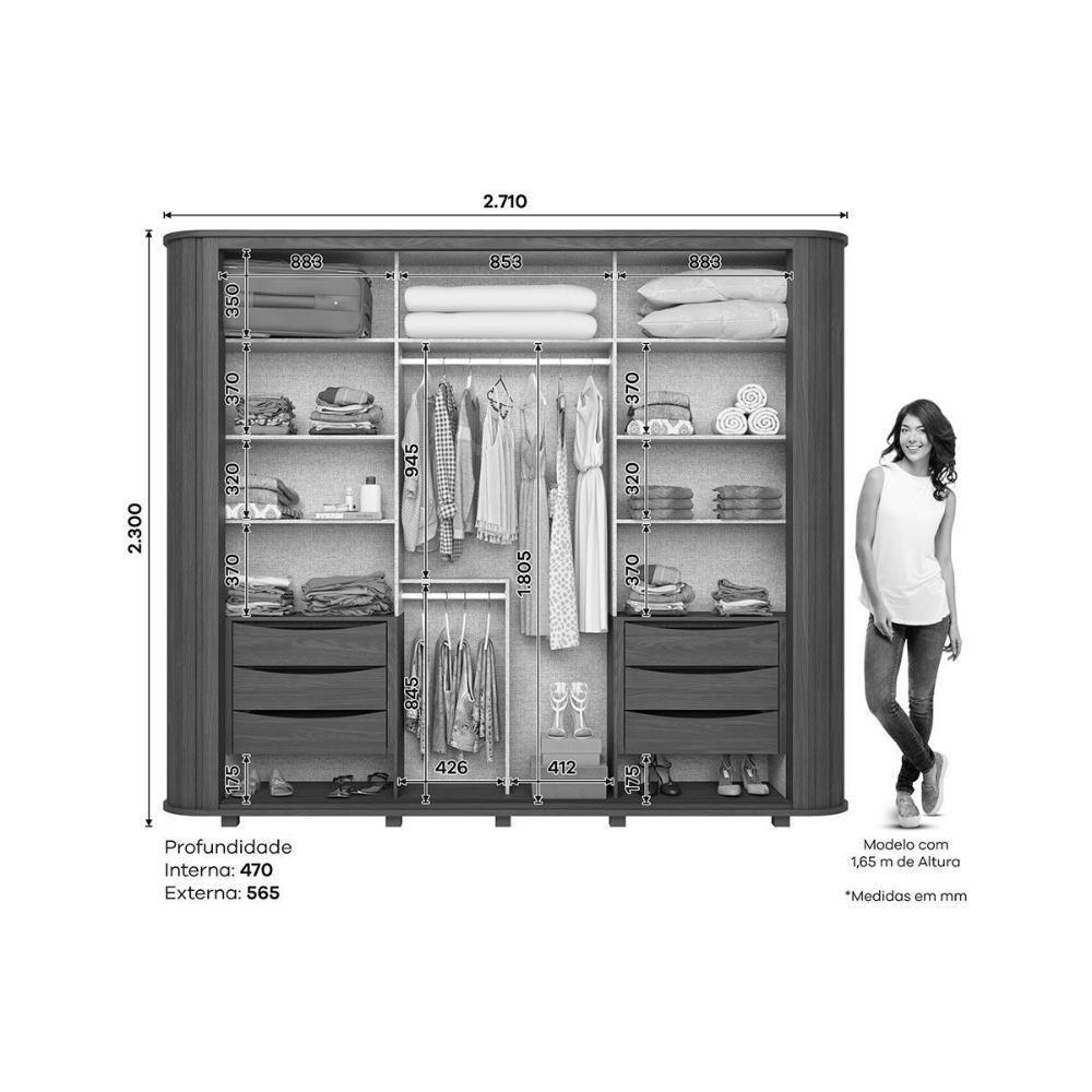 Guarda Roupas 2 Portas De Correr (1 C/ Espelho) 2 6 Gavetas C/ Pés Mozzate Flex Nature/off White Ou Preto - Henn - 3