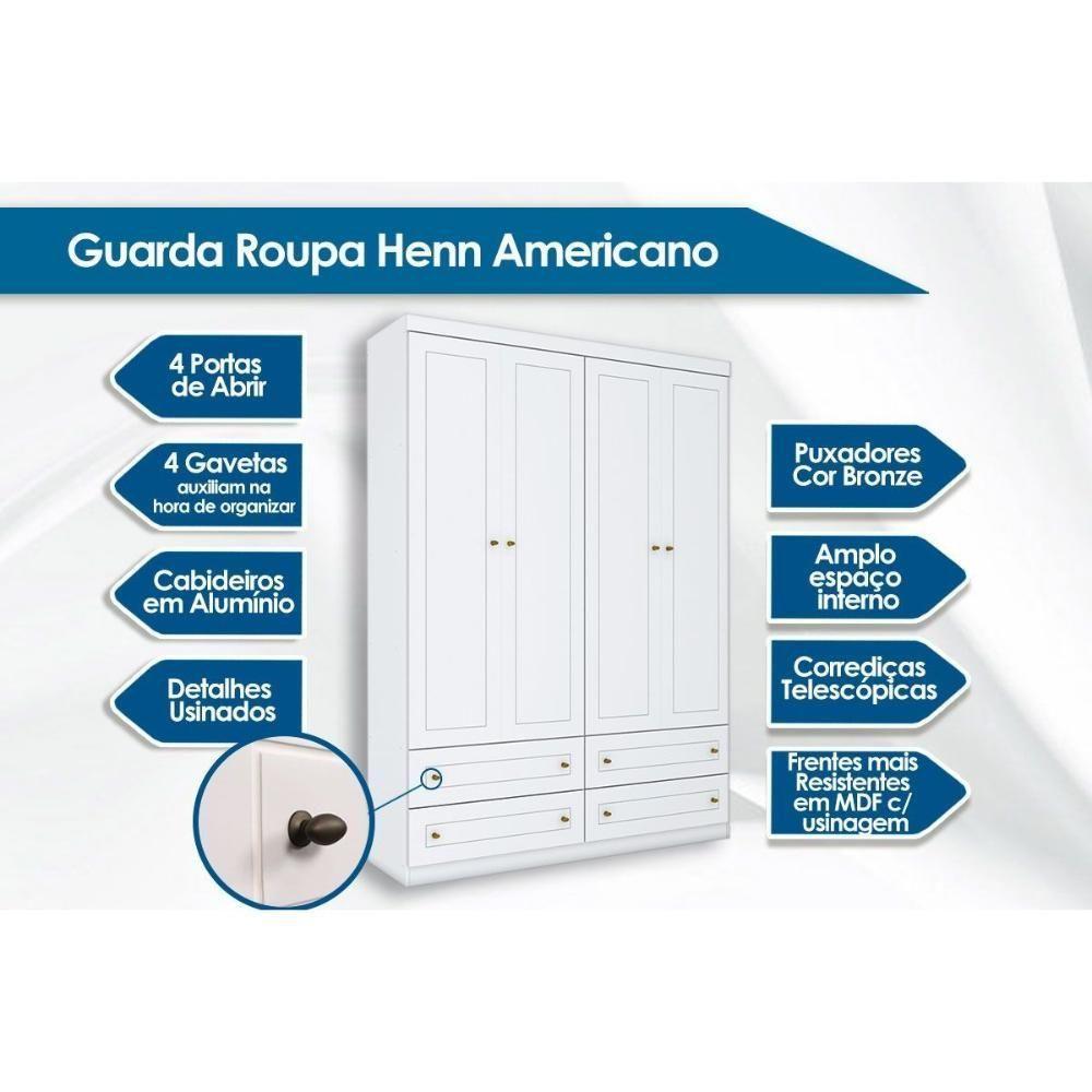Guarda Roupa Solteiro 4 Portas E 4 Gavetas Americano Cinza - Henn - 7