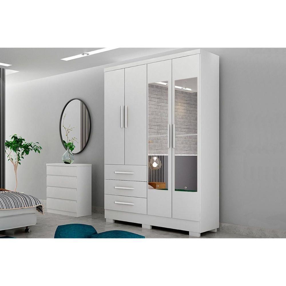 Guarda Roupa Solteiro 4 Portas (2 C/ Espelho) E 3 Gavetas C/ Pés Encanto/berlim Neve - Novo Horizonte - 1