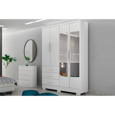 Guarda Roupa Solteiro 4 Portas (2 C/ Espelho) E 3 Gavetas C/ Pés Encanto/berlim Neve - Novo Horizonte