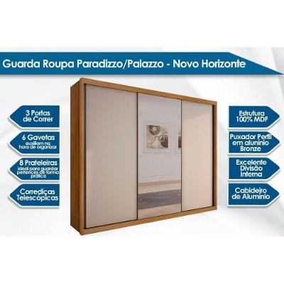 Guarda Roupa Casal Paradizzo Palazzo 3 Portas de Correr 6 Gavetas Branco Neve MDF