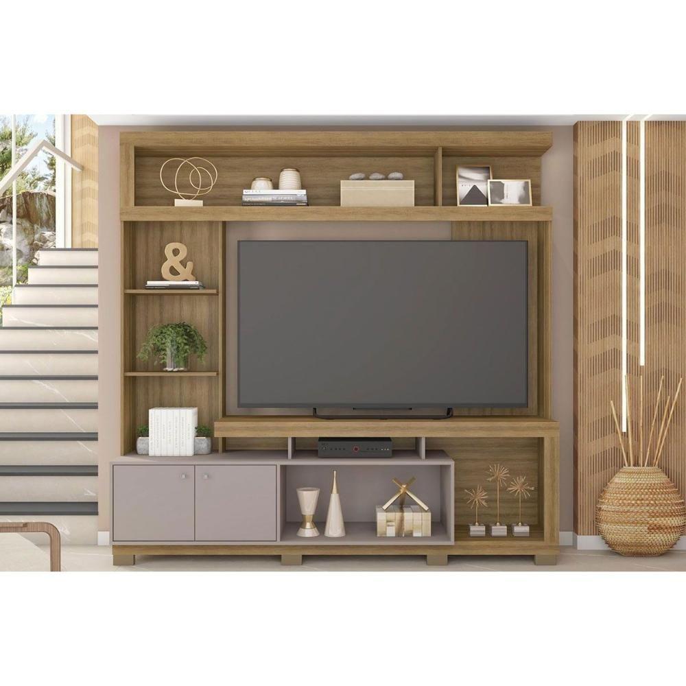 Rack Bancada C/ Painel P/ Tv Até 70 Pol Formosa Nicho E Pés 210x207cm Lamina Mel/cacao - Caemmun - 1