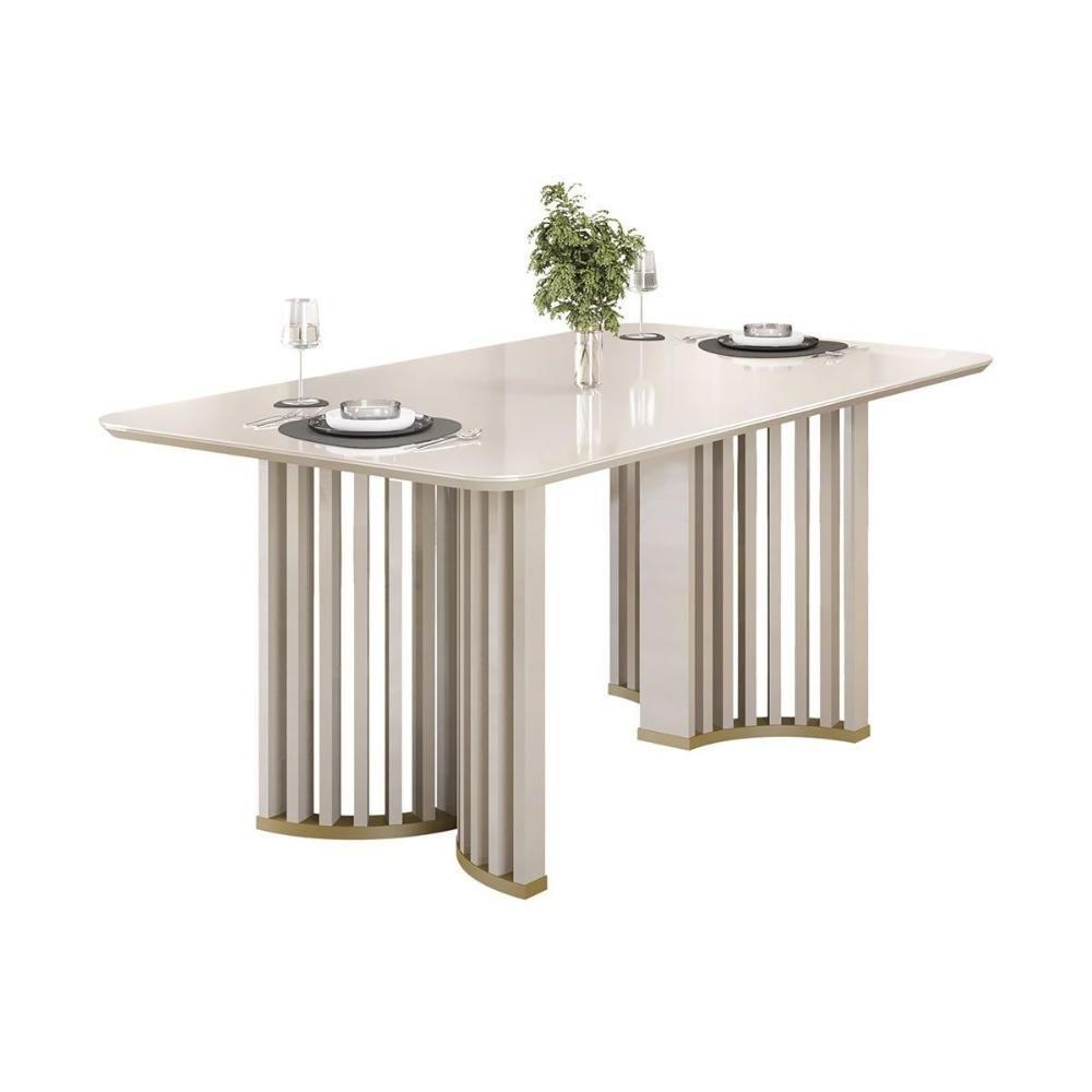 Mesa De Sala Jantar Luma C/ Tampo Madeirado C/ Vidro Curvo 180x100cm Off White/off White - Dj Móveis - 1