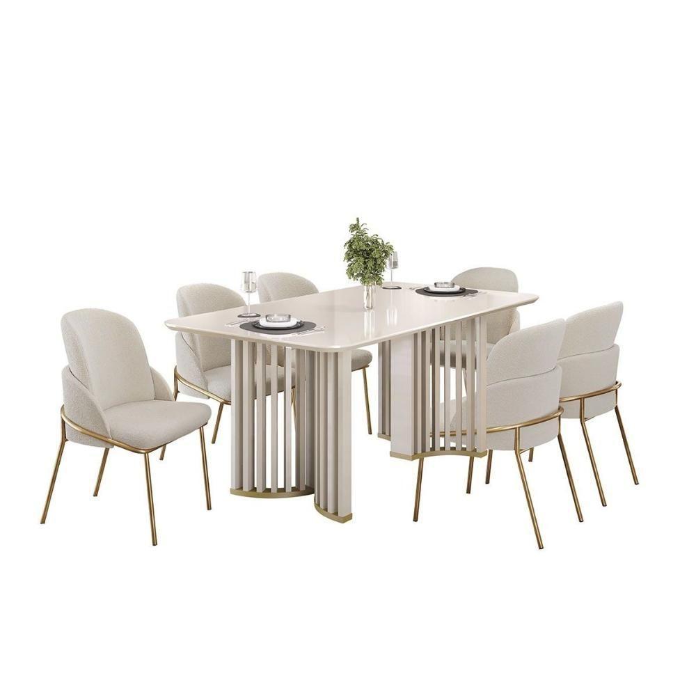 Mesa De Sala Jantar Luma C/ Tampo Madeirado C/ Vidro Curvo 180x100cm Off White/off White - Dj Móveis - 4