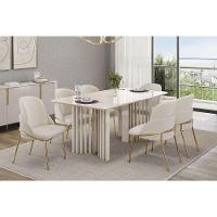 Mesa De Sala Jantar Luma C/ Tampo Madeirado C/ Vidro Curvo 180x100cm Off White/off White - Dj Móveis - 3