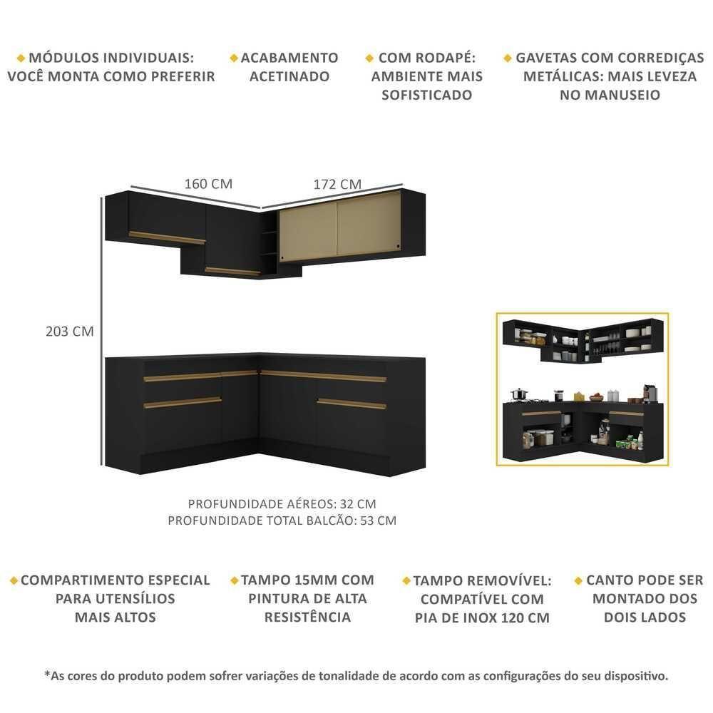 Cozinha Completa De Canto Mp2097 Com Armário E Balcão Preta - 6