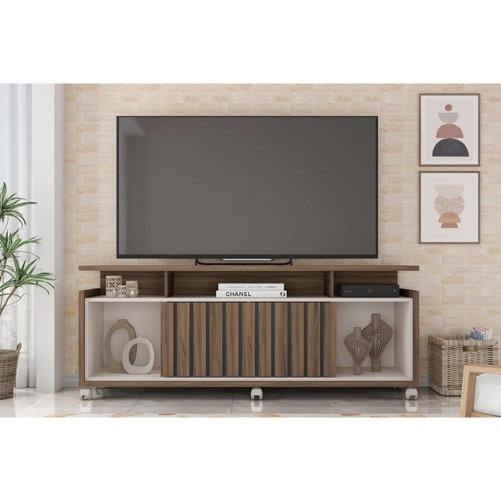 Rack Bancada P/ Tv Até 70 Pol Oásis C/ Ripado E Rodizios 160cm Nogueira San Remo/off White - Caemmun - 1
