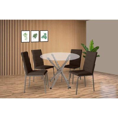 Sala De Jantar Completa Volga C/ Tampo De Vidro 95cm E 4 Cadeiras Amsterdã Niquel - Courano Marrom - Kappesberg