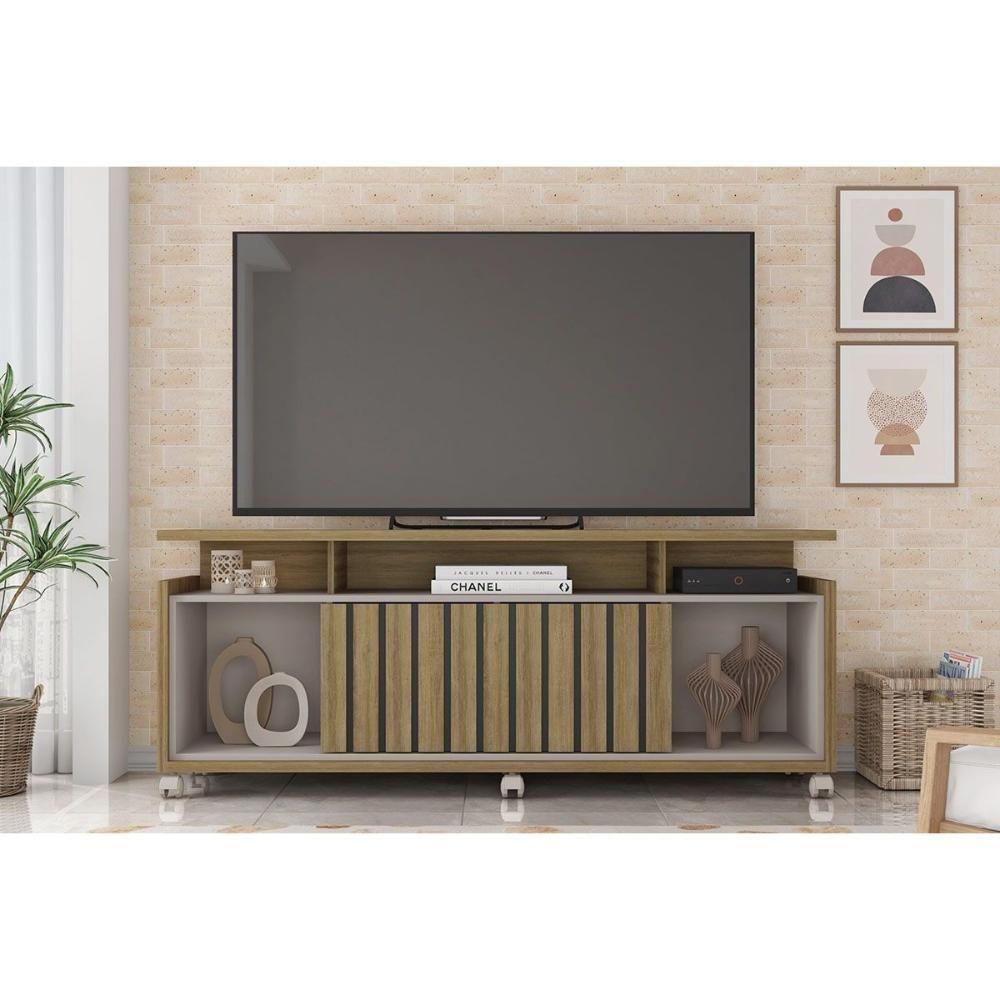 Rack Bancada P/ Tv Até 70 Pol Oásis C/ Ripado E Rodizios 160cm Lamina Mel/cacao - Caemmun - 1