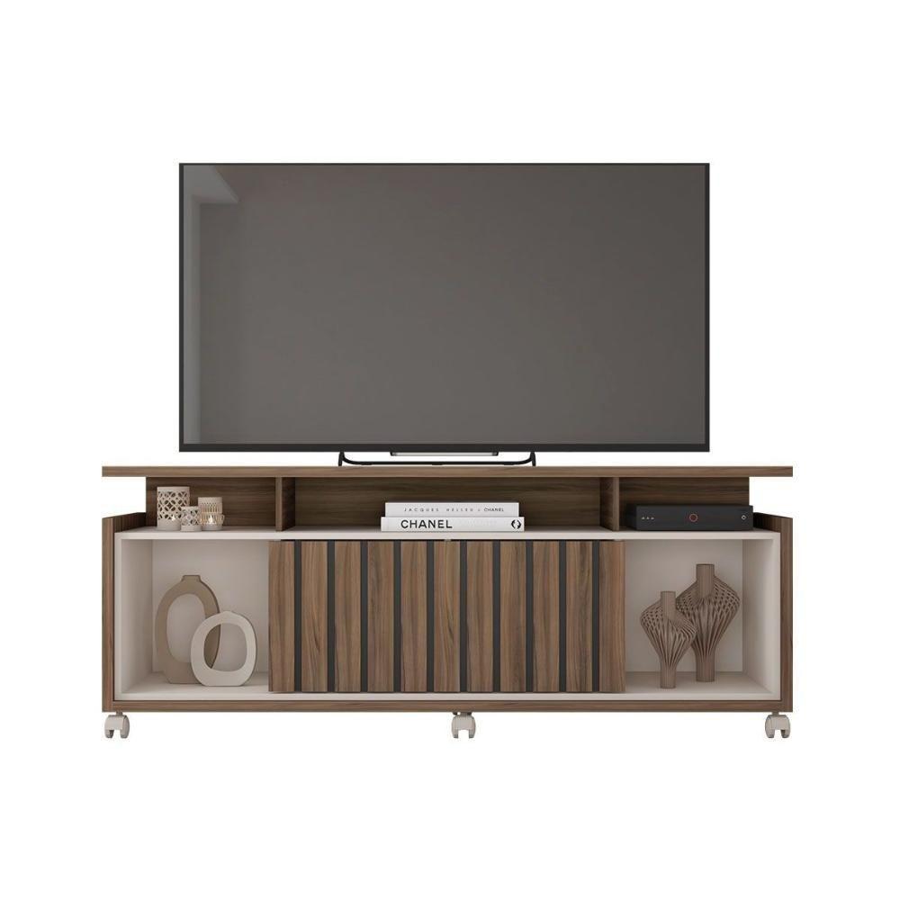 Rack Bancada P/ Tv Até 70 Pol Oásis C/ Ripado E Rodizios 160cm Lamina Mel/cacao - Caemmun - 4
