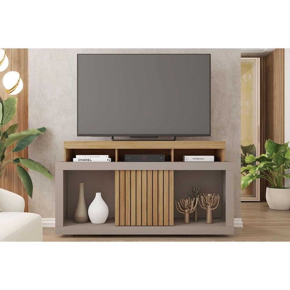 Rack Bancada P/ Tv Até 55 Pol Dragon C/ Nicho E Rodízios 136cm Buriti/fendi - Caemmun - 1