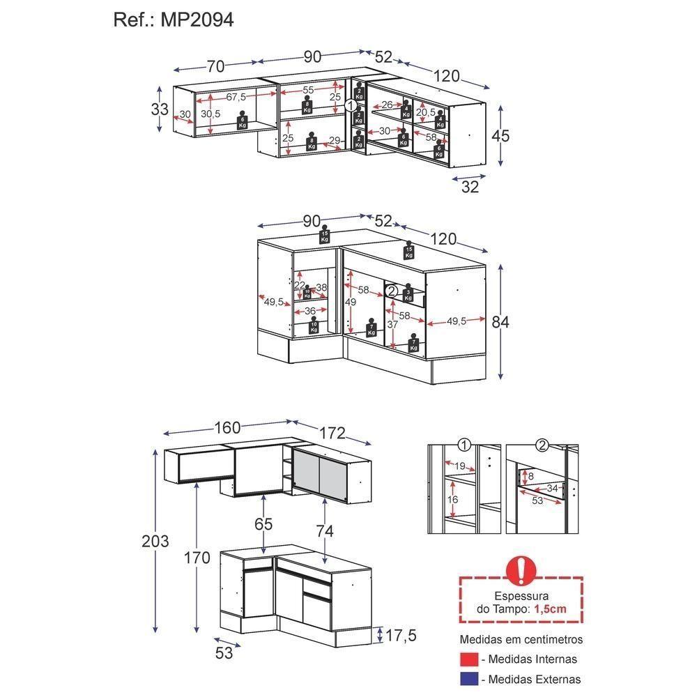 Cozinha Completa De Canto Mp2094 Com Armário E Balcão Branca - 5
