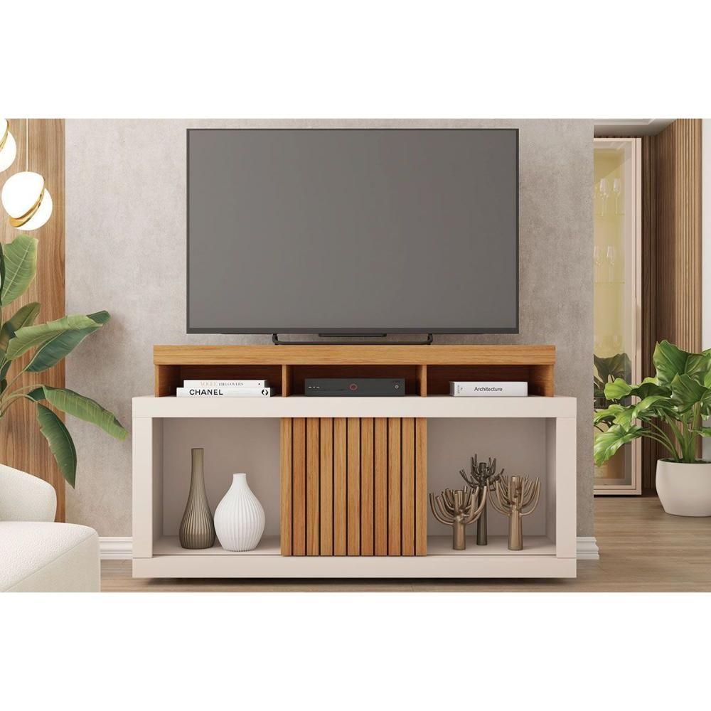 Rack Bancada P/ Tv Até 55 Pol Dragon C/ Nicho E Rodízios 136cm Freijo/off White - Caemmun - 1