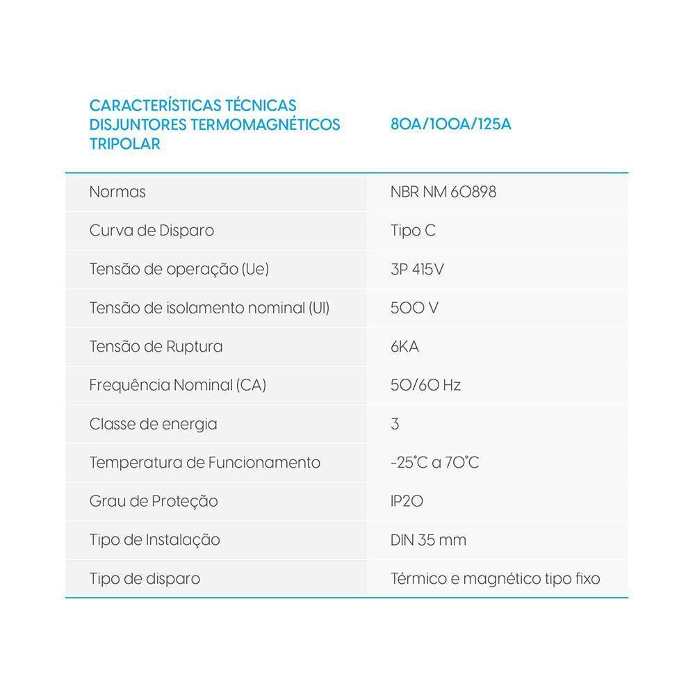 Mini Disjuntor 6KA MCB DP6-3C100 Tripolar 100A 3 Polos Bivolt - 4