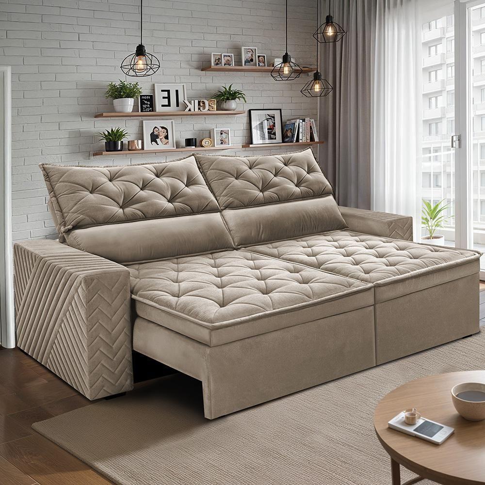 Sofá Retrátil E Reclinável 2,30m Essence. Velusoft Cama Inbox Bege - 1