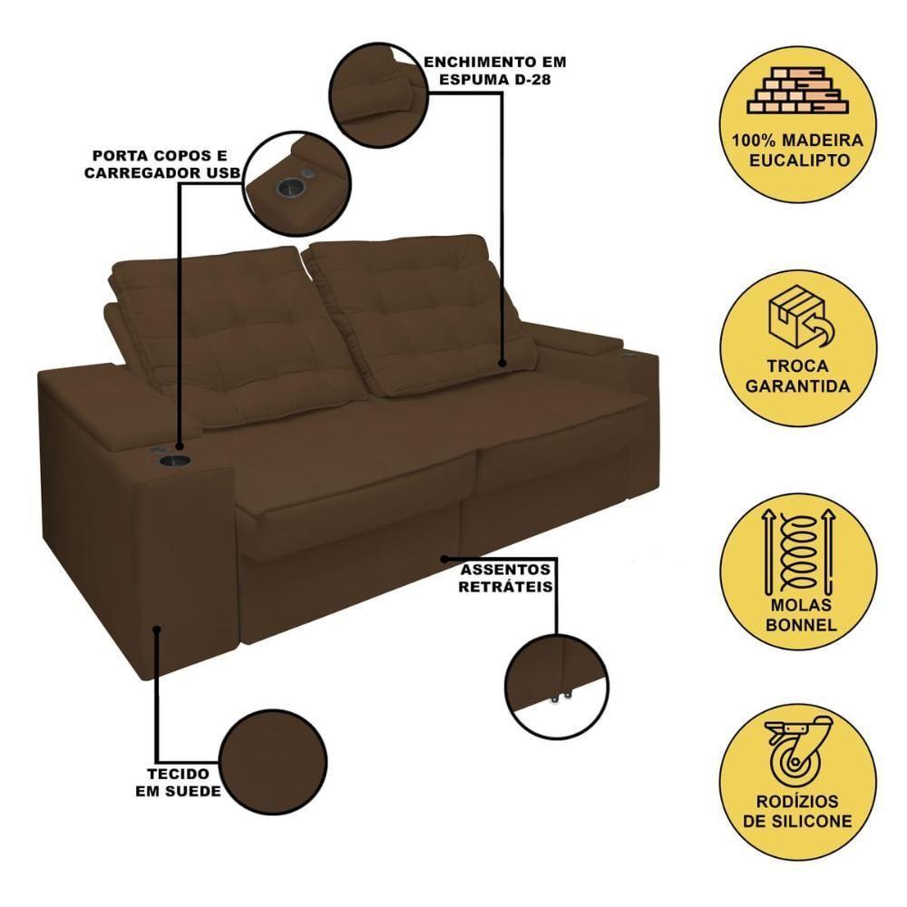 Sofá Retratil Reclinavel 3 Lugares 2,30m Porta Copo USB Marrom - 6