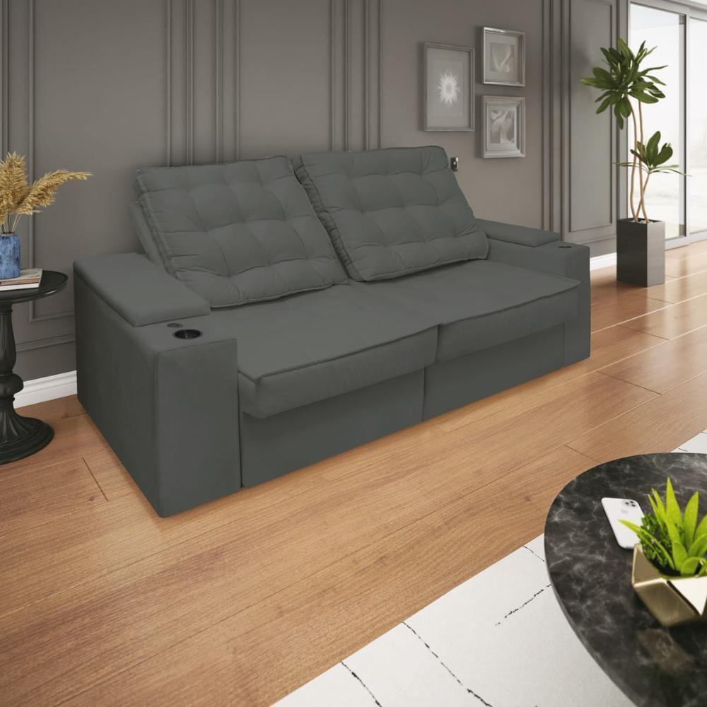 Sofá Retratil Reclinavel 3 Lugares 2,30m Porta Copo USB Cinza - 2