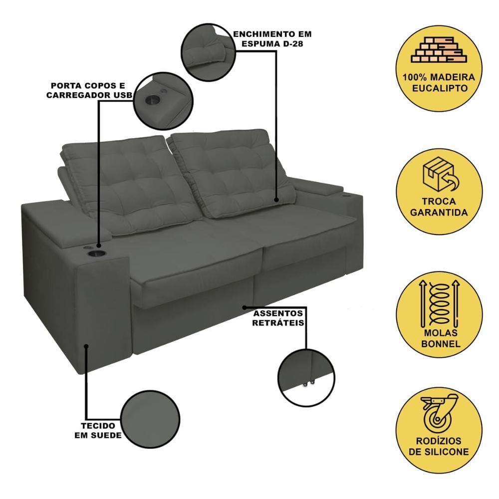 Sofá Retratil Reclinavel 3 Lugares 2,30m Porta Copo USB Cinza - 6