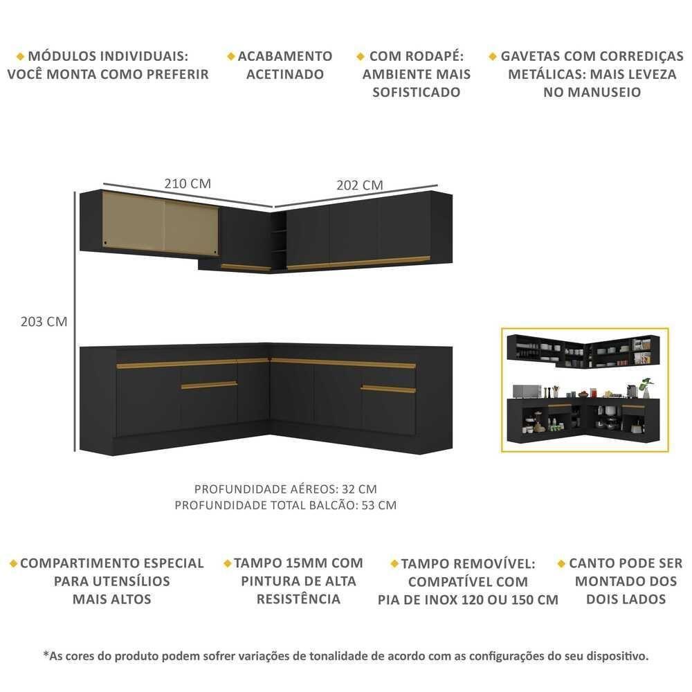 Cozinha Completa De Canto Mp2096 Com Armário E Balcão Preta - 6
