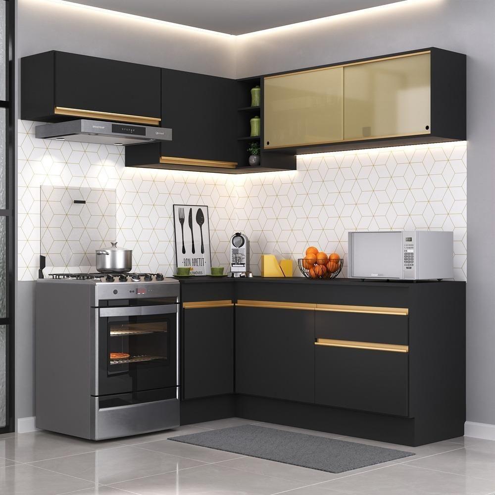 Cozinha Completa De Canto Mp2094 Com Armário E Balcão Preta - 1