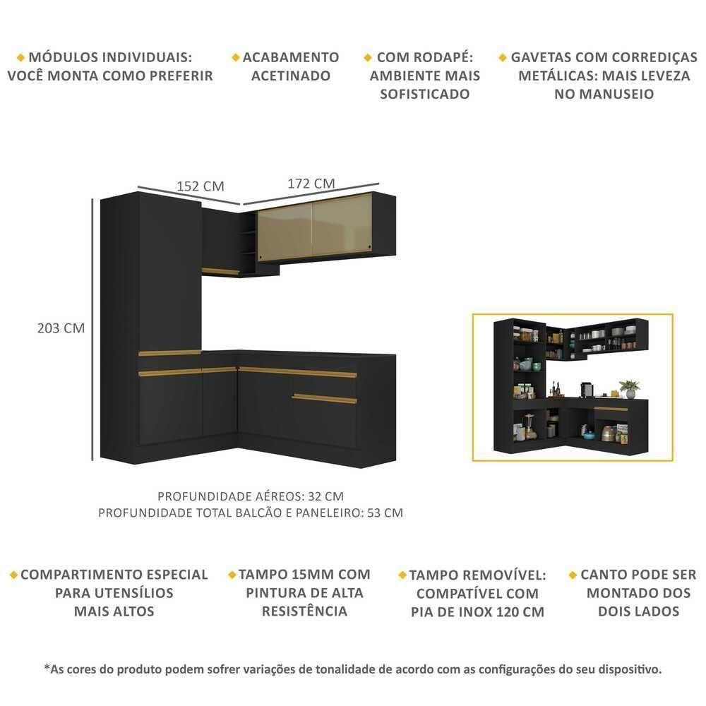 Cozinha Completa De Canto Mp2088 Com Armário E Balcão Preta Multimóveis - 6