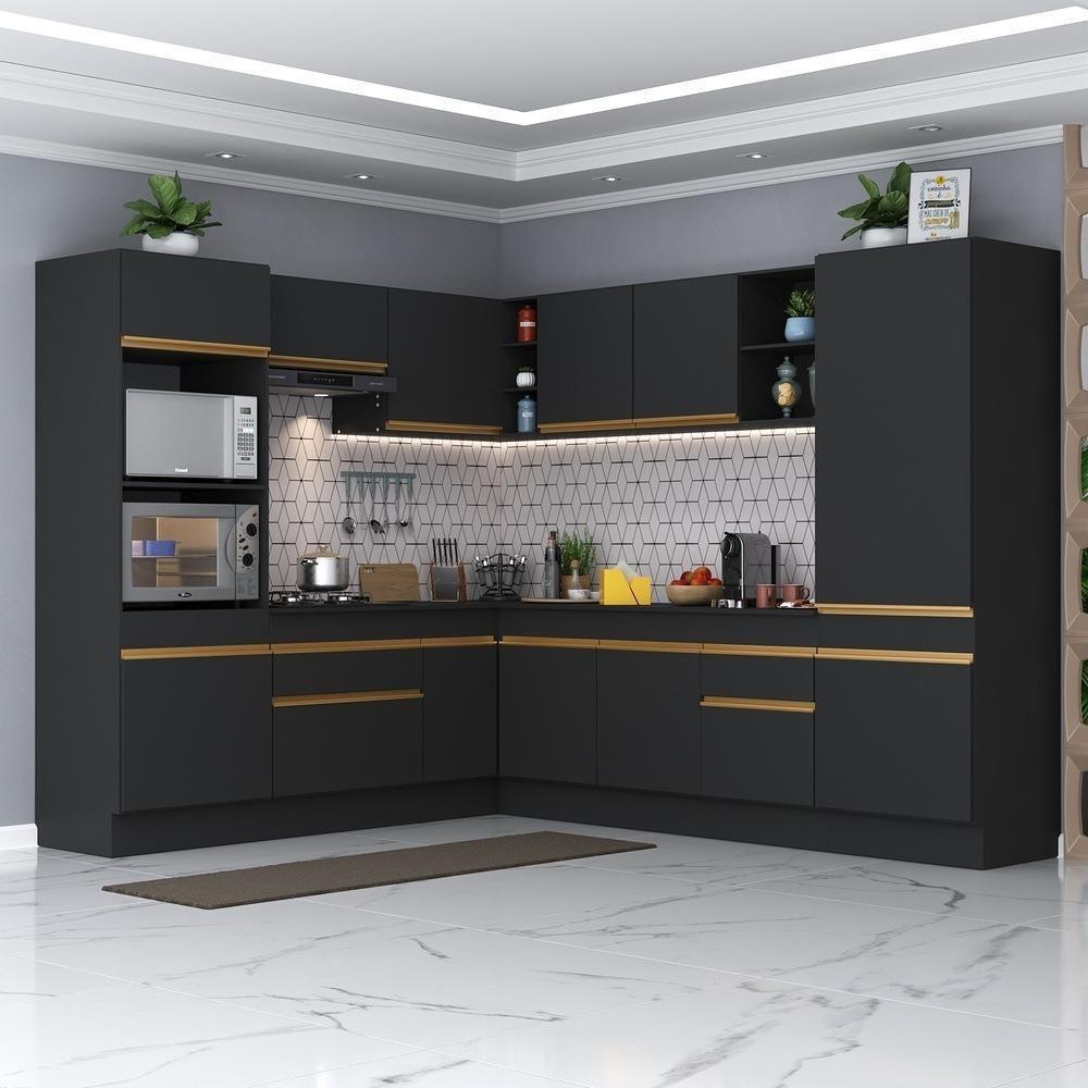 Cozinha Completa De Canto Mp2081 Com Armário E Balcão Preta - 1