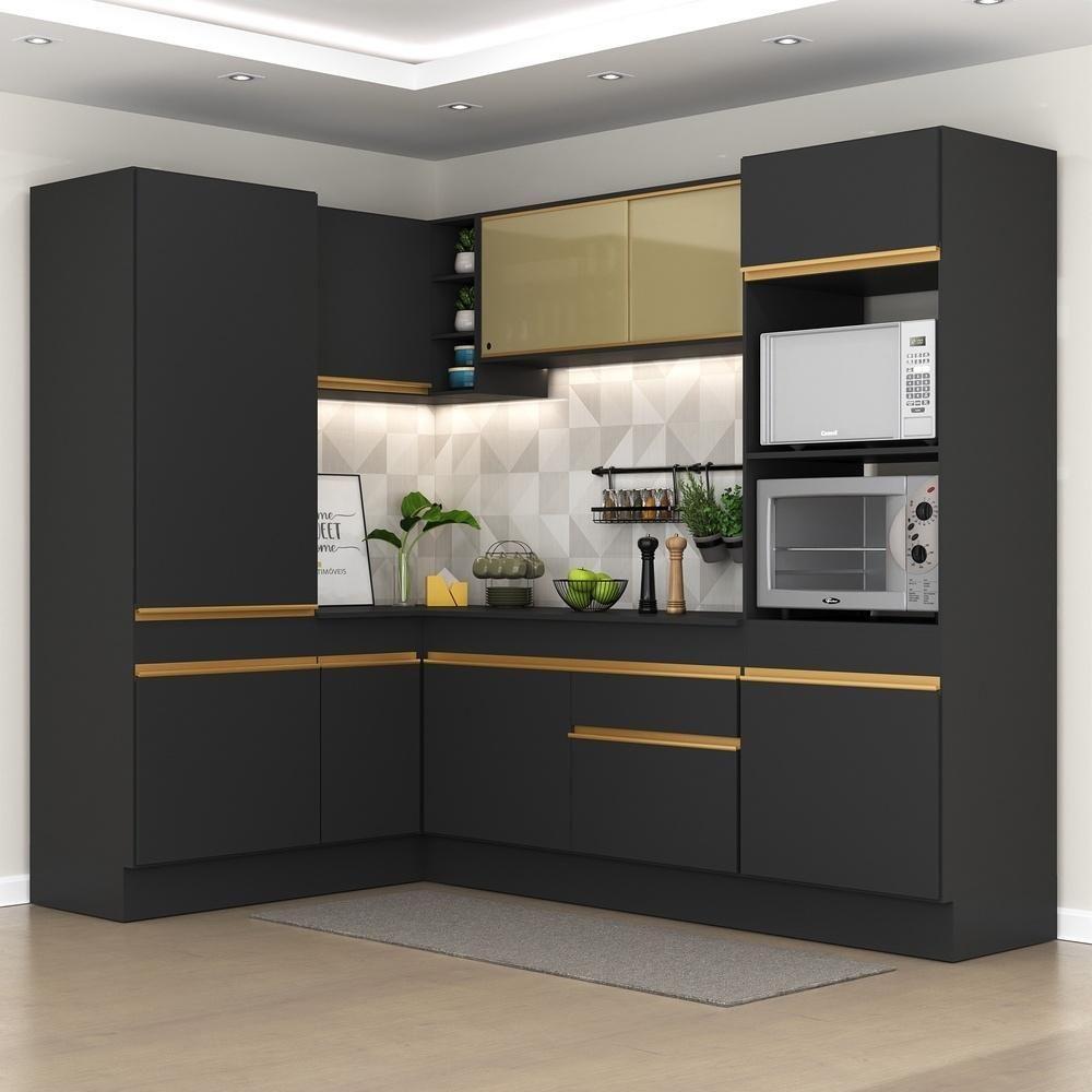 Cozinha Completa De Canto Mp2084 Com Armário E Balcão Preta Multimóveis - 1