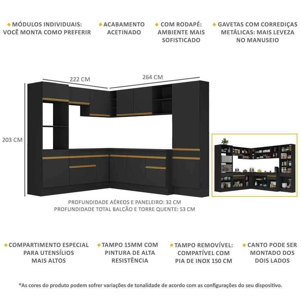 Cozinha Completa De Canto Mp2082 Com Armário E Balcão Preta - 6