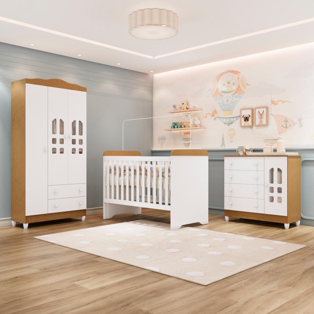 Quarto De Bebê Berço 3 Em 1 Gabriel Cômoda Com Porta Fraldario Guarda Roupa 3 Portas Branco Bétula Carolina Baby - 1