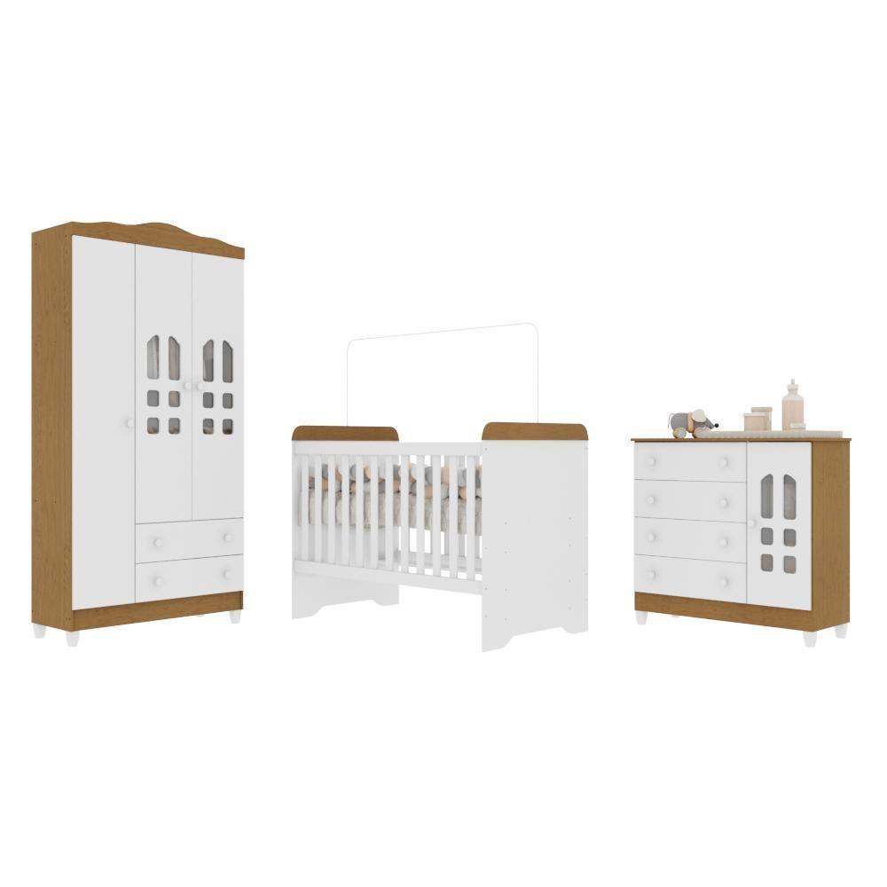 Quarto De Bebê Berço 3 Em 1 Gabriel Cômoda Com Porta Fraldario Guarda Roupa 3 Portas Branco Bétula Carolina Baby - 2