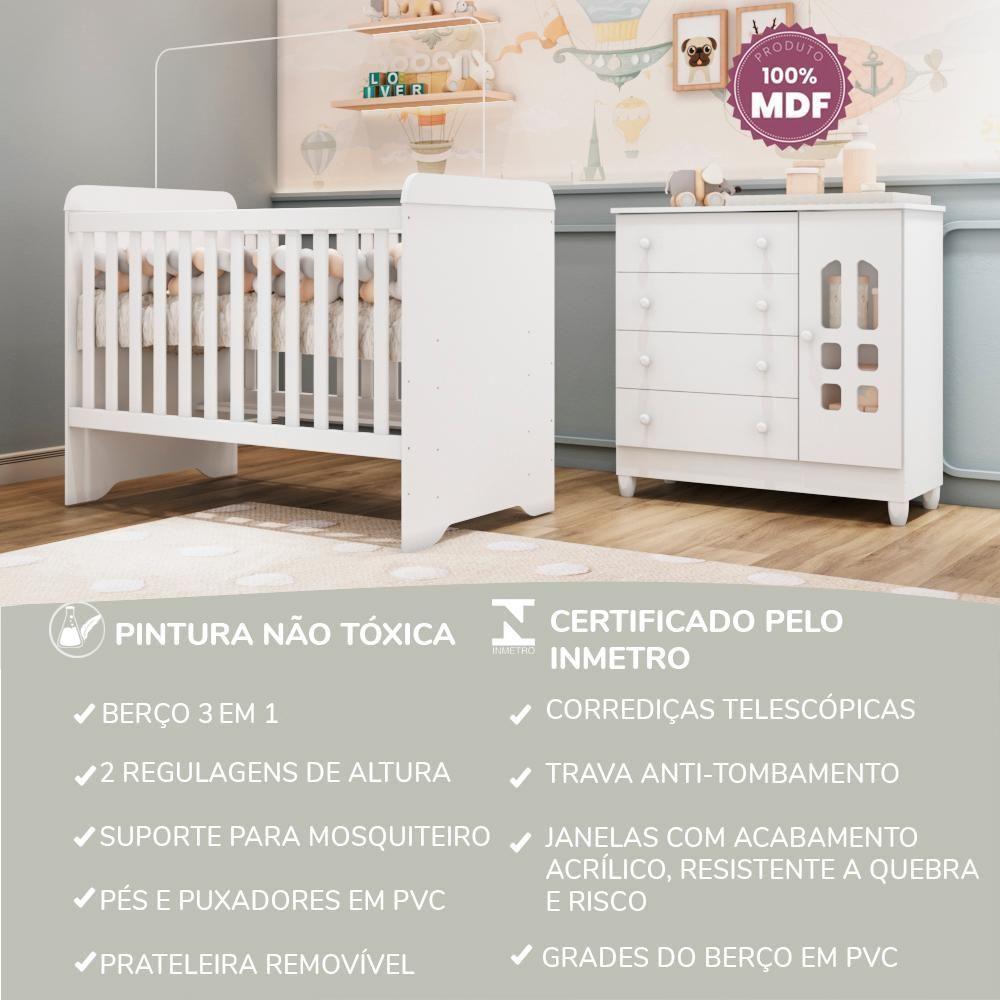 Quarto De Bebê Cômoda Com Fraldário Selena Berço 3 Em 1 Gabrielle Branco Carolina Baby - 10