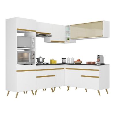 Armário de Cozinha Completa de Canto Veneza 10 Portas 2 Gavetas MDP Branco-dourado