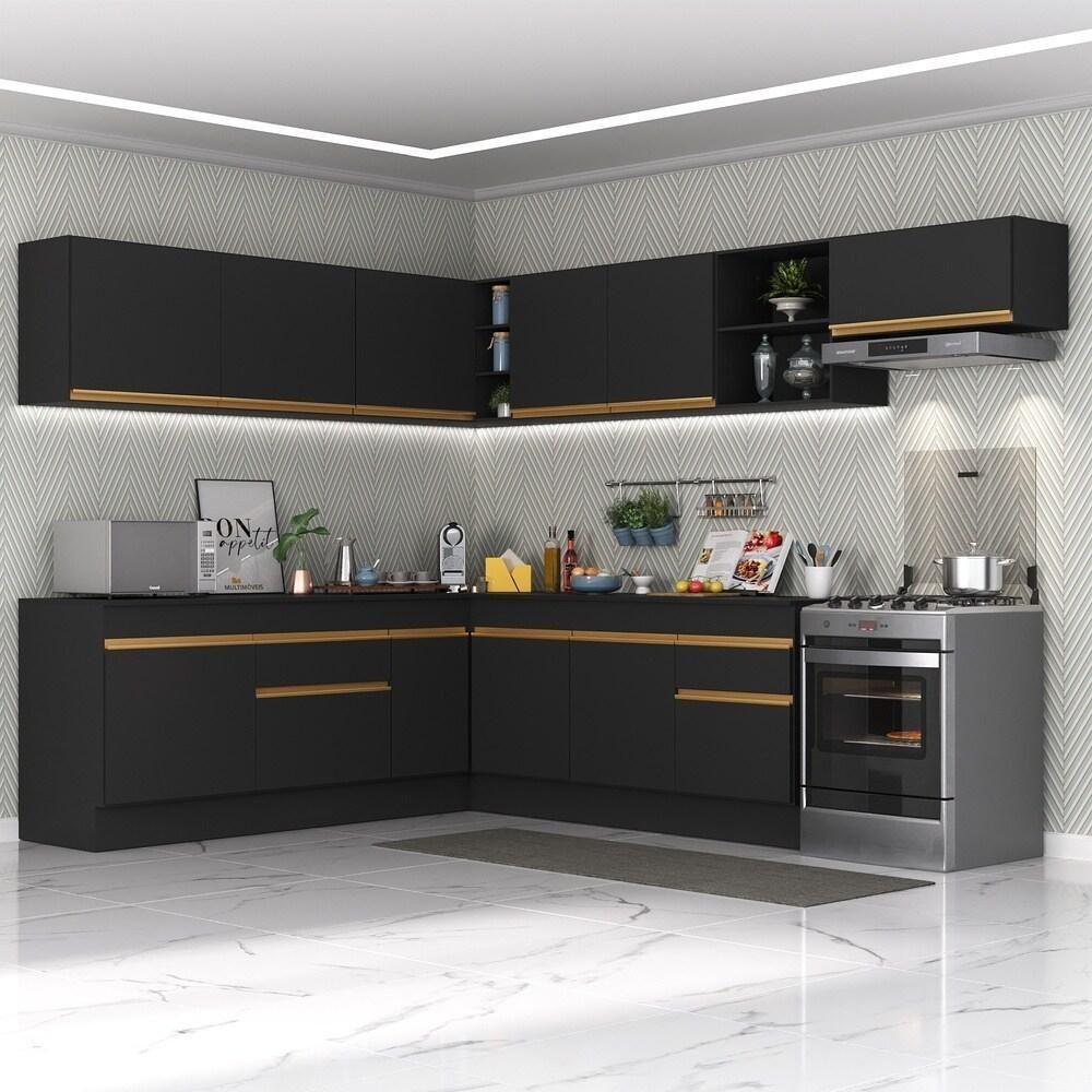 Cozinha Completa De Canto Mp2103 Com Armário E Balcão Preta - 1