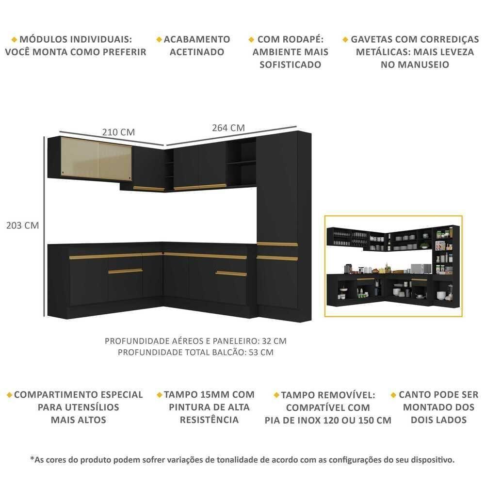 Cozinha Completa De Canto Mp2100 Com Armário E Balcão Preta - 6