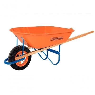 Carrinho De Mão Tramontina Com Caçamba Extrafunda Metálica Laranja 80 Litros Braço De Madeira E Pneu Maciço