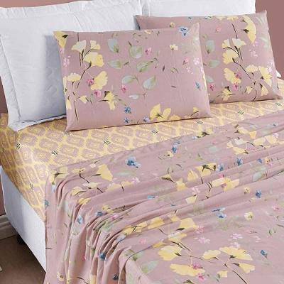 Jogo De Cama Lençol Dallas Queen Microfibra 4 Peças - Rosê Lavanda Floral