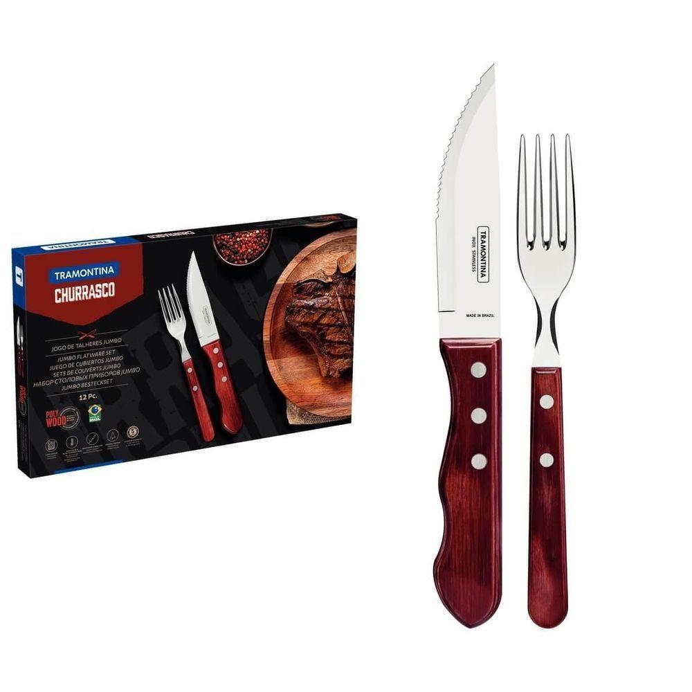 Jogo De Churrasco Em Aço Inox Jumbo Tramontina Polywood Vermelho 12 Peças - 1