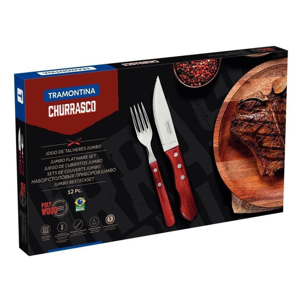 Jogo De Churrasco Em Aço Inox Jumbo Tramontina Polywood Vermelho 12 Peças - 3