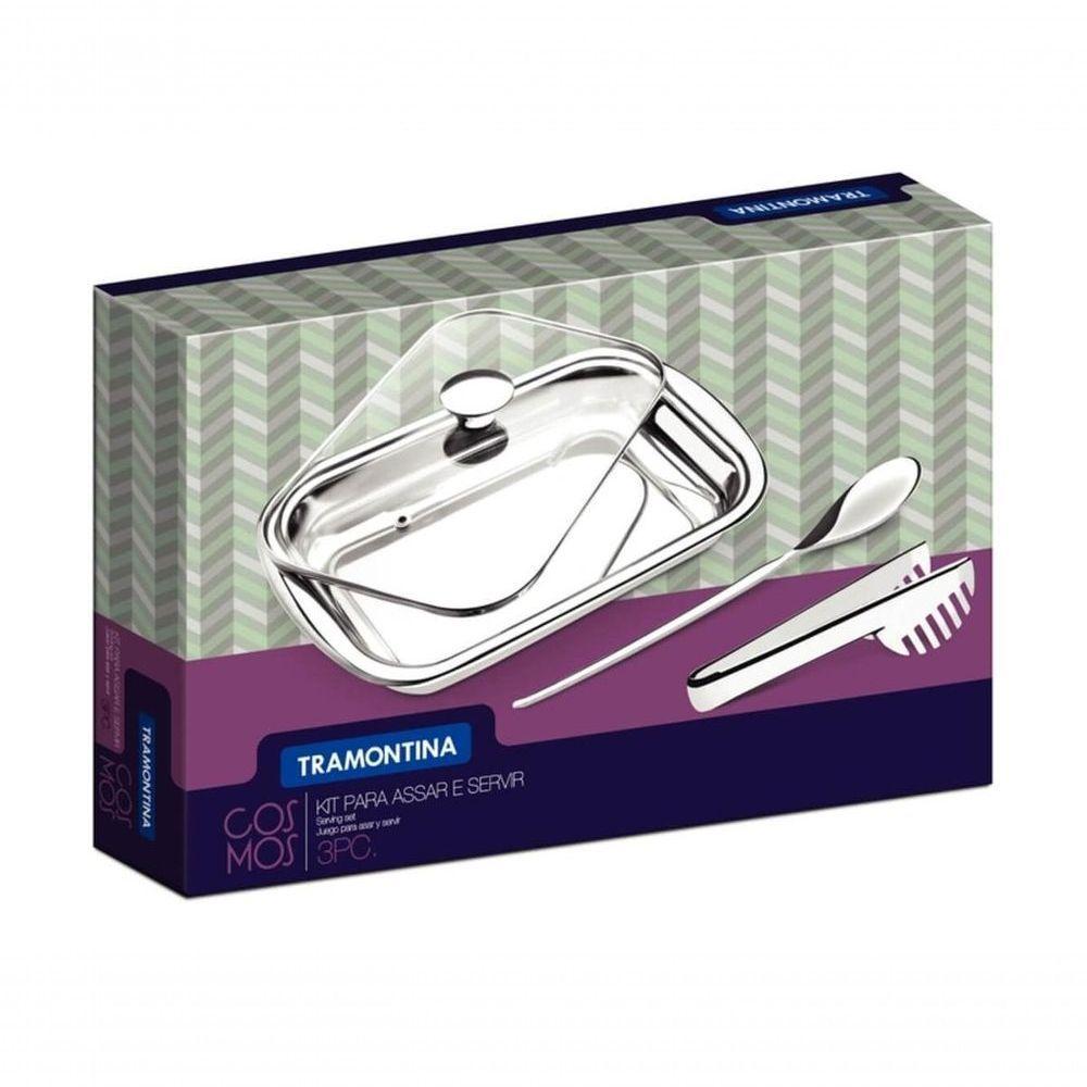 Jogo Para Assar E Servir Tramontina Cosmos Aço Inox E Tampa De Vidro 3 Peças - 4