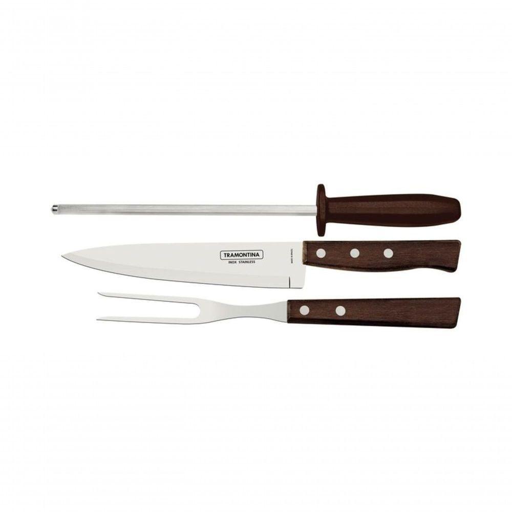 Jogo De Churrasco Tramontina 3 Peças Com Cabos De Madeira Natural - 1