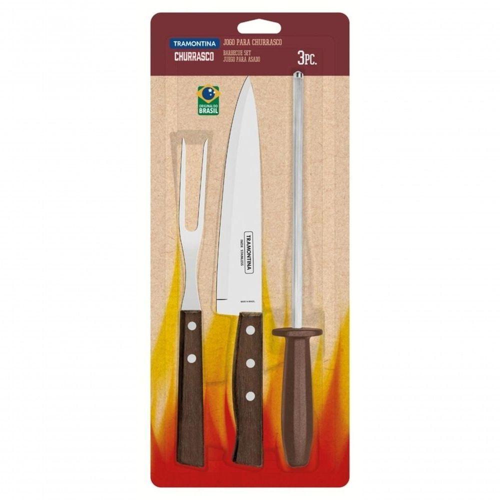 Jogo De Churrasco Tramontina 3 Peças Com Cabos De Madeira Natural - 2