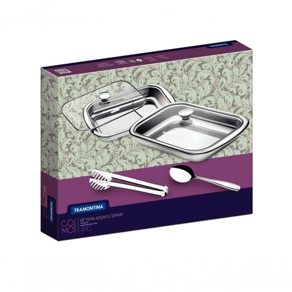 Jogo Para Assar E Servir Tramontina Cosmos Aço Inox E Tampa De Vidro 4 Peças - 3